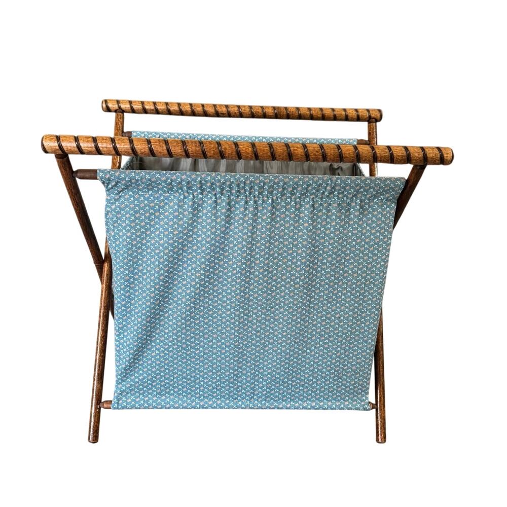 Vintage Folding Craft Sewing Knitting Basket Stand Caddy Wood Frame Blue Pink